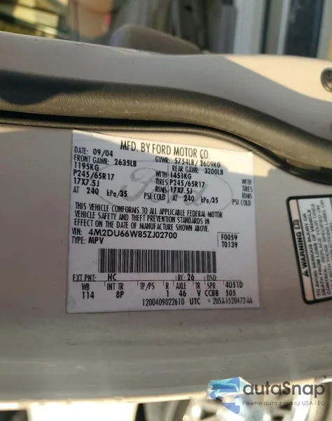 2005 Mercury Mountaineer из США, поврежденный, VIN 4M2DU66W85ZJ02700